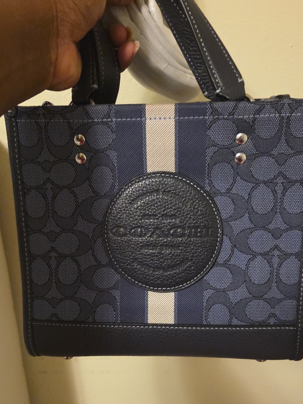 Coach Navy Signature Satchel with Cream Center Stripe
